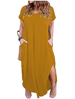 Kancystore Women's Plus Size Casual Loose Pocket Long Dress Short Sleeve Plus Size Slit Maxi Dress XL-5X