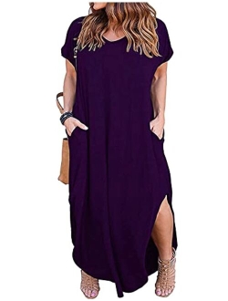 Kancystore Women's Plus Size Casual Loose Pocket Long Dress Short Sleeve Plus Size Slit Maxi Dress XL-5X