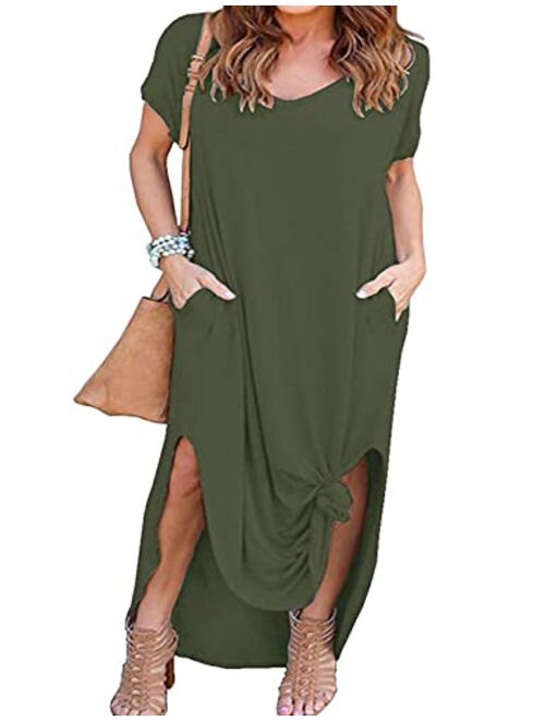 Kancystore Women's Plus Size Casual Loose Pocket Long Dress Short Sleeve Plus Size Slit Maxi Dress XL-5X