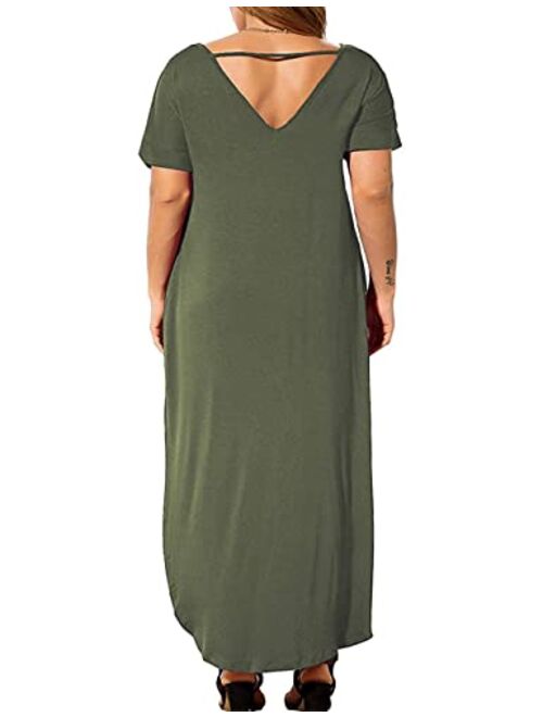 Kancystore Women's Plus Size Casual Loose Pocket Long Dress Short Sleeve Plus Size Slit Maxi Dress XL-5X