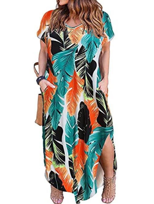 Kancystore Women's Plus Size Casual Loose Pocket Long Dress Short Sleeve Plus Size Slit Maxi Dress XL-5X