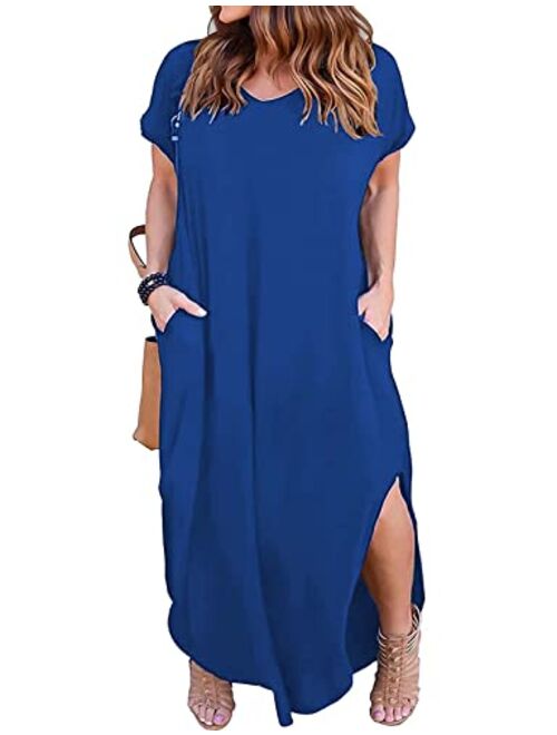 Kancystore Women's Plus Size Casual Loose Pocket Long Dress Short Sleeve Plus Size Slit Maxi Dress XL-5X