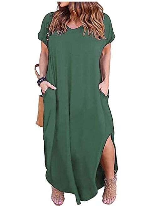 Kancystore Women's Plus Size Casual Loose Pocket Long Dress Short Sleeve Plus Size Slit Maxi Dress XL-5X