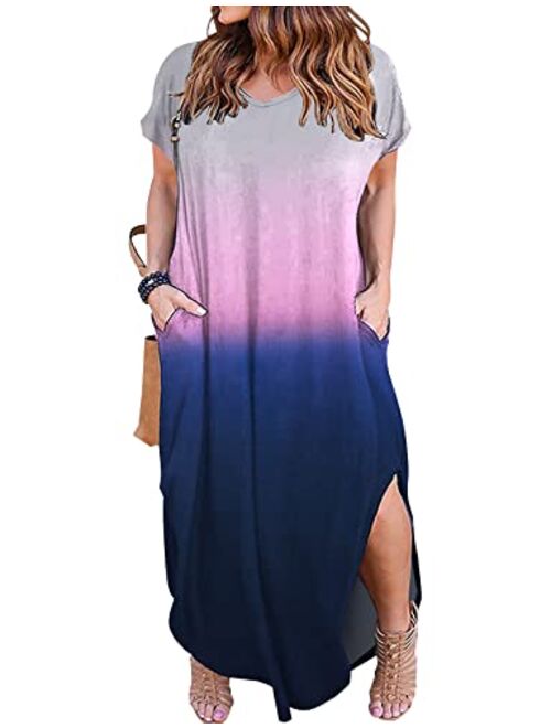 Kancystore Women's Plus Size Casual Loose Pocket Long Dress Short Sleeve Plus Size Slit Maxi Dress XL-5X