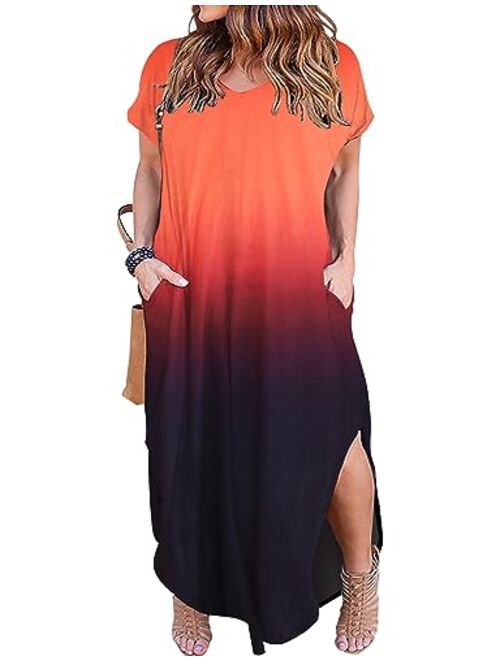 Kancystore Women's Plus Size Casual Loose Pocket Long Dress Short Sleeve Plus Size Slit Maxi Dress XL-5X