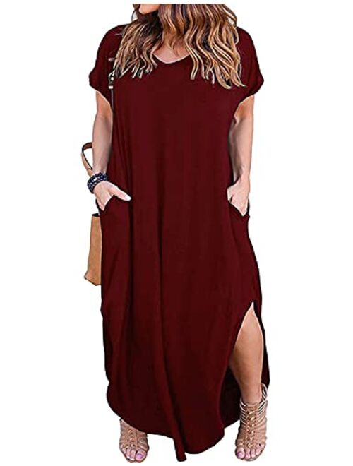 Kancystore Women's Plus Size Casual Loose Pocket Long Dress Short Sleeve Plus Size Slit Maxi Dress XL-5X