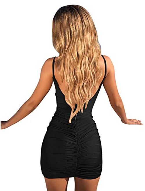 TOB Women's Sexy Adjustable Ruched Spaghetti Strap Sleeveless Club Bodycon Mini Dress