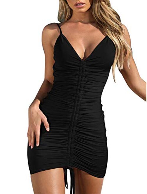 TOB Women's Sexy Adjustable Ruched Spaghetti Strap Sleeveless Club Bodycon Mini Dress