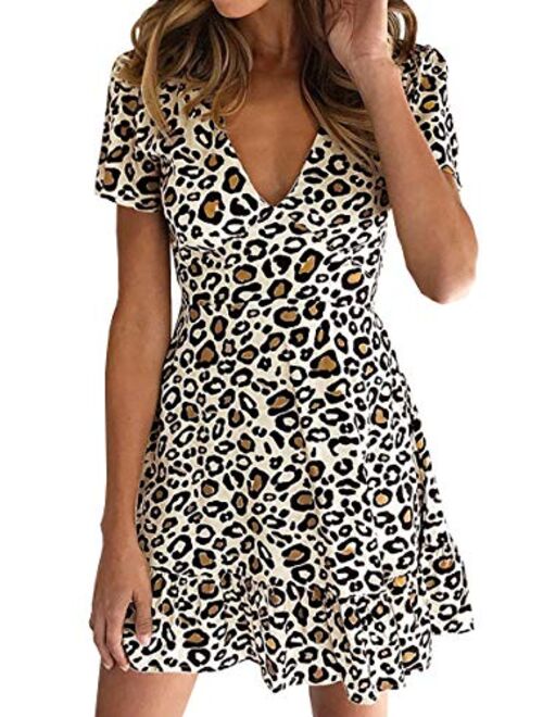 ECOWISH Womens Deep V Neck Floral Leopard Dress Short Sleeve Sexy Ruffles Fashion Mini Dress