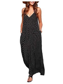 Exlura Women Casual Boho Plus Size Summer Maxi Dresses Polka Dot Floral Printed Adjustable Strappy Dress with Pockets