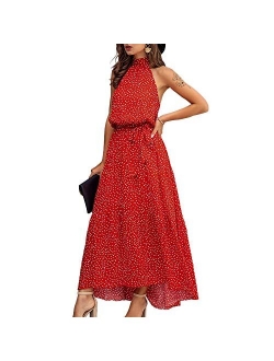 Exlura Women Casual Boho Plus Size Summer Maxi Dresses Polka Dot Floral Printed Adjustable Strappy Dress with Pockets