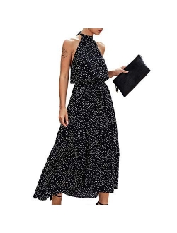 Exlura Women Casual Boho Plus Size Summer Maxi Dresses Polka Dot Floral Printed Adjustable Strappy Dress with Pockets