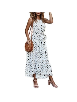 Exlura Women Casual Boho Plus Size Summer Maxi Dresses Polka Dot Floral Printed Adjustable Strappy Dress with Pockets