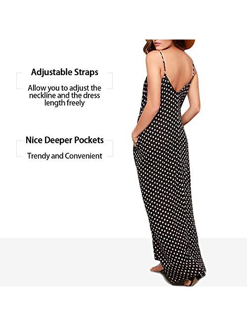 Exlura Women Casual Boho Plus Size Summer Maxi Dresses Polka Dot Floral Printed Adjustable Strappy Dress with Pockets