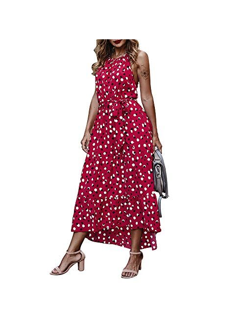 Exlura Women Casual Boho Plus Size Summer Maxi Dresses Polka Dot Floral Printed Adjustable Strappy Dress with Pockets