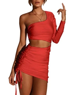 CHYRII Women's Sexy One Shoulder Sleeveless Cutout Ruched Bodycon Mini Club Dress