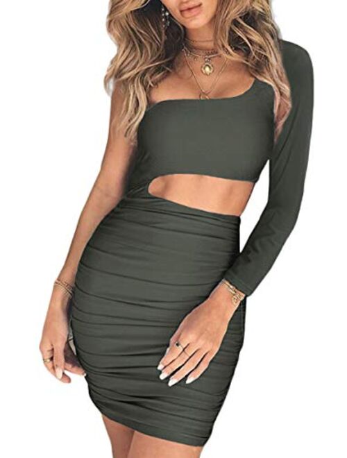 CHYRII Women's Sexy One Shoulder Sleeveless Cutout Ruched Bodycon Mini Club Dress