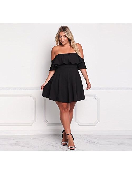 ROSIANNA Women's Off Shoulder Strapless Ruffle Mini Plus Size Swing Dresses