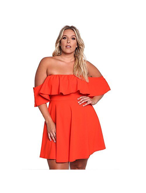 ROSIANNA Women's Off Shoulder Strapless Ruffle Mini Plus Size Swing Dresses