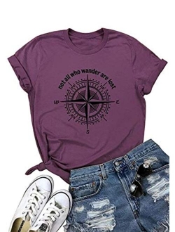 Anbech Womens Compass Graphic Tees Not All Who Wander are Lost Print Shirts Travel Casual Tops