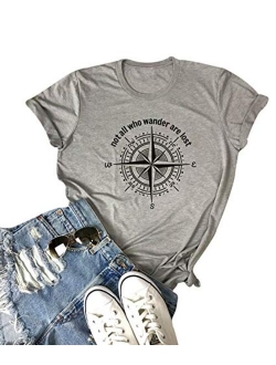 Anbech Womens Compass Graphic Tees Not All Who Wander are Lost Print Shirts Travel Casual Tops