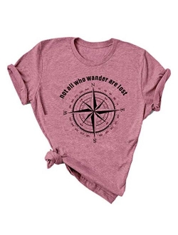 Anbech Womens Compass Graphic Tees Not All Who Wander are Lost Print Shirts Travel Casual Tops