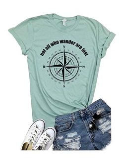 Anbech Womens Compass Graphic Tees Not All Who Wander are Lost Print Shirts Travel Casual Tops