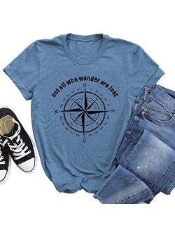 Anbech Womens Compass Graphic Tees Not All Who Wander are Lost Print Shirts Travel Casual Tops