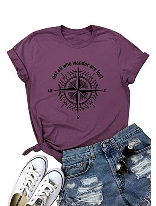 Anbech Womens Compass Graphic Tees Not All Who Wander are Lost Print Shirts Travel Casual Tops