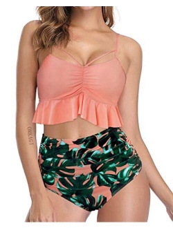 Women's Ruffle Bikini Swimsuit High Waisted Bottom Plus Size Swimwear Tankini