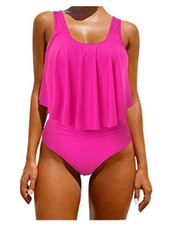 Women's Ruffle Bikini Swimsuit High Waisted Bottom Plus Size Swimwear Tankini