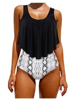 Women's Ruffle Bikini Swimsuit High Waisted Bottom Plus Size Swimwear Tankini