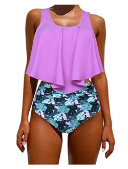 Women's Ruffle Bikini Swimsuit High Waisted Bottom Plus Size Swimwear Tankini