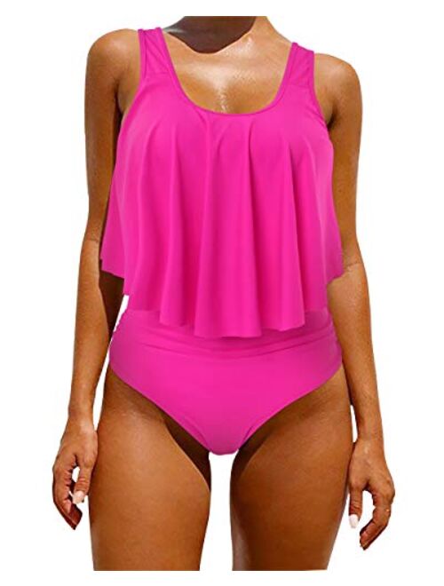 OMKAGI Women's Ruffle Bikini Swimsuit High Waisted Bottom Plus Size Swimwear Tankini