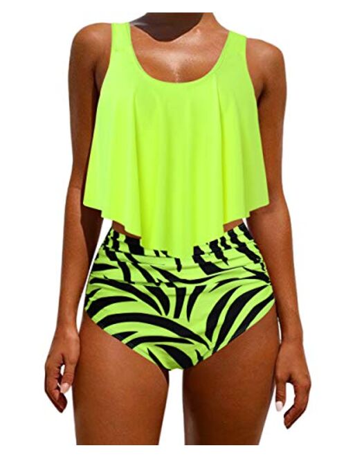 OMKAGI Women's Ruffle Bikini Swimsuit High Waisted Bottom Plus Size Swimwear Tankini