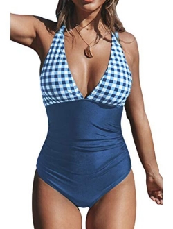 Women's Gingham Ruched Back Cross One Piece Swimsuit