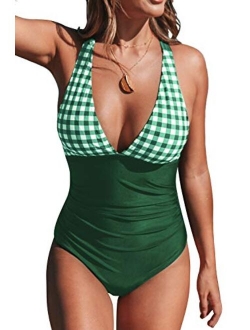 Women's Gingham Ruched Back Cross One Piece Swimsuit