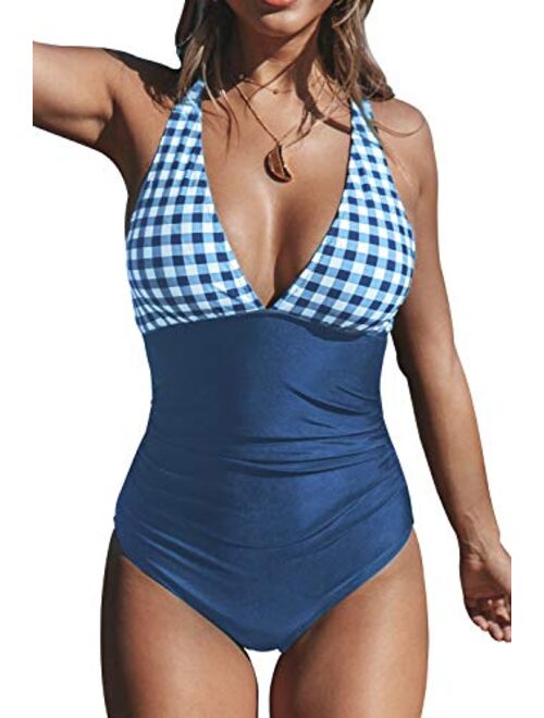 CUPSHE Women's Gingham Ruched Back Cross One Piece Swimsuit