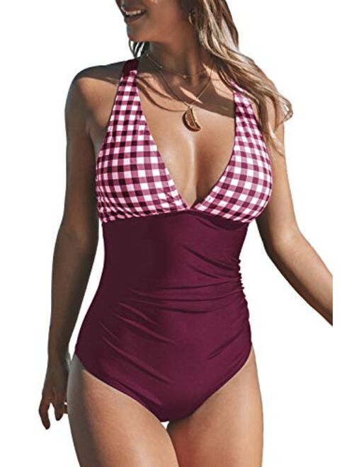 CUPSHE Women's Gingham Ruched Back Cross One Piece Swimsuit