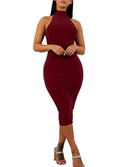 GOBLES Women's Sexy Halter High Neck Elegant Sleeveless Bodycon Midi Club Dress