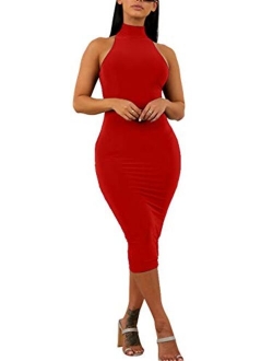 GOBLES Women's Sexy Halter High Neck Elegant Sleeveless Bodycon Midi Club Dress