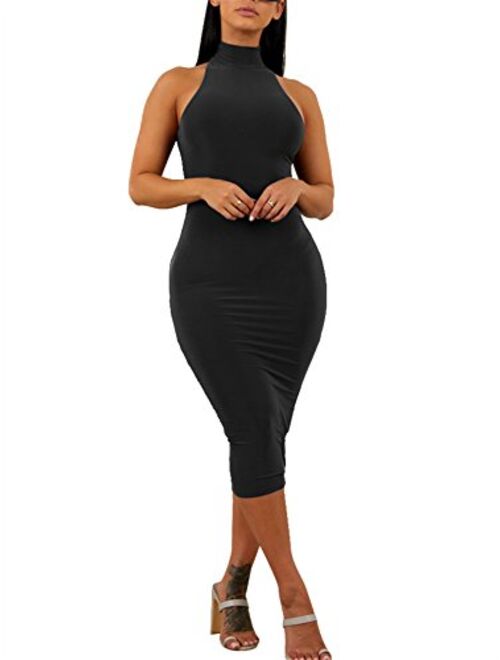 GOBLES Women's Sexy Halter High Neck Elegant Sleeveless Bodycon Midi Club Dress