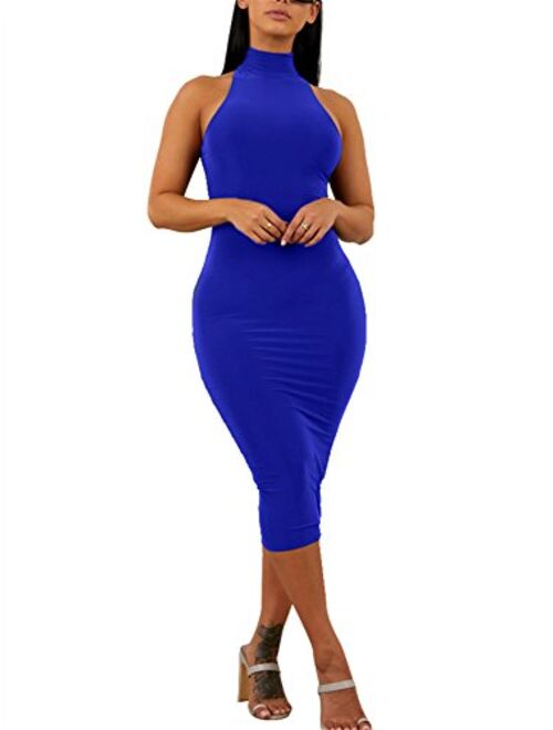 GOBLES Women's Sexy Halter High Neck Elegant Sleeveless Bodycon Midi Club Dress