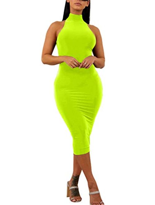 GOBLES Women's Sexy Halter High Neck Elegant Sleeveless Bodycon Midi Club Dress