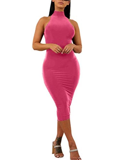 GOBLES Women's Sexy Halter High Neck Elegant Sleeveless Bodycon Midi Club Dress