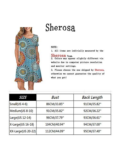 Sherosa Womens Summer Floral Print Sleeveless Sundress/Short Sleeve Pockets Casual Loose Swing T-Shirt Dress