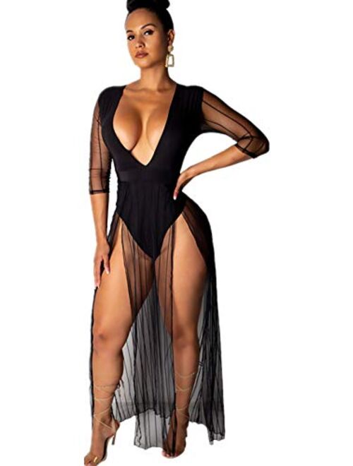 HOTGIRL Women's Maxi Dress Sheer Beach Cover Up Plus Size Casual Summer See Through Dresses for Women Sexy Clubwear Mesh