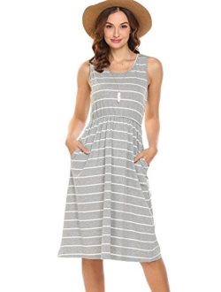 Hount Women's Summer Sleeveless Striped Empire Waist Loose Midi Casual Dress with Pockets