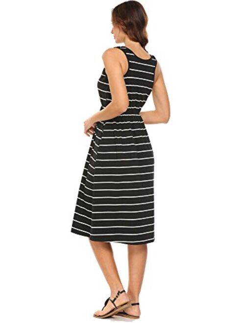 Hount Women's Summer Sleeveless Striped Empire Waist Loose Midi Casual Dress with Pockets