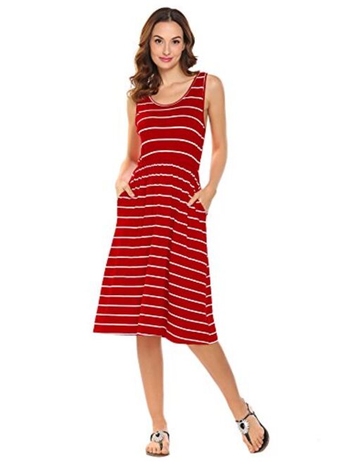 Hount Women's Summer Sleeveless Striped Empire Waist Loose Midi Casual Dress with Pockets